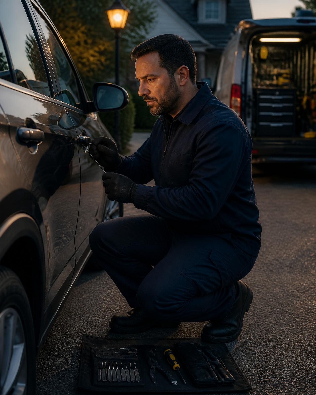 GetStamford mobile locksmith kneeling next to an SUV in a Stamford, Connecticut driveway at dusk, unlocking the driver's door with the service van open behind him — 24/7 on-site auto locksmith.