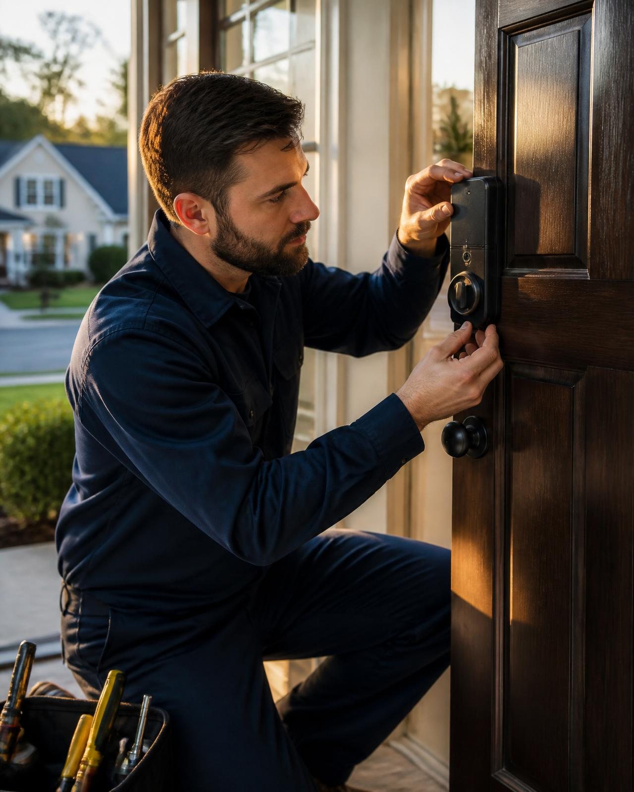 Licensed GetStamford locksmith technician in a branded uniform hand-fitting a chrome smart deadbolt on a residential front door in Stamford, Connecticut — 24/7 mobile locksmith service with 15-minute response.